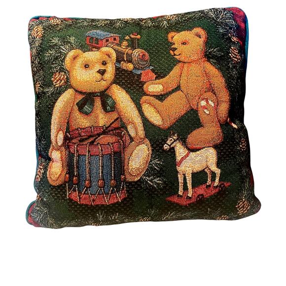 Vintage Decorative pillow needle point Christmas theme Teddy Bears trains 14 x14 - Picture 1 of 9